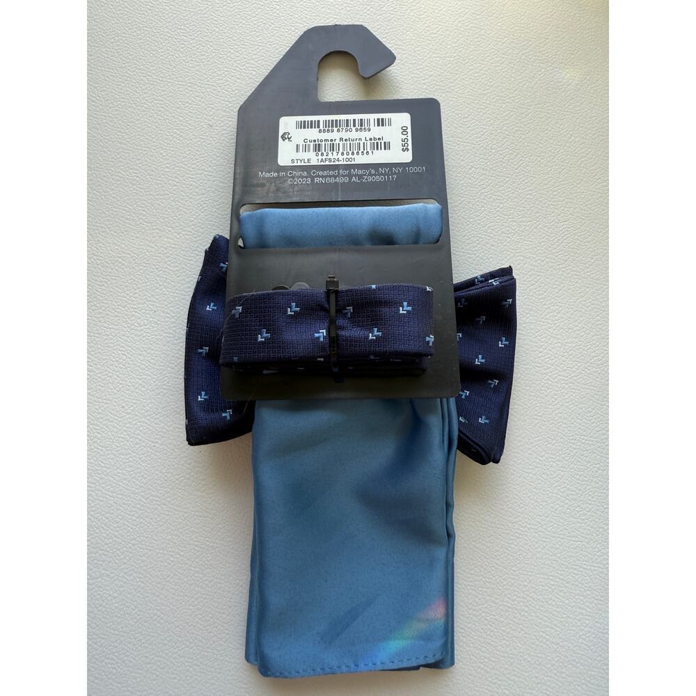 Alfani NWT Bow Tie & Pocket Square Navy Blue Light Blue - Picture 4 of 5